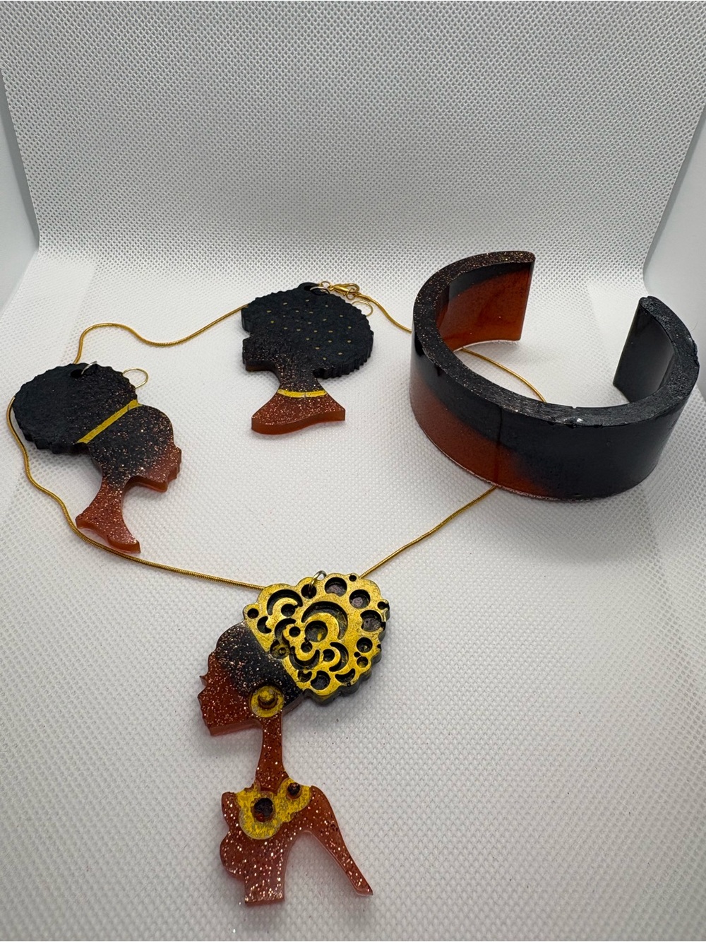 Handcrafted Black & Amber African Silhouette Necklace, Earrings & Cuff Set